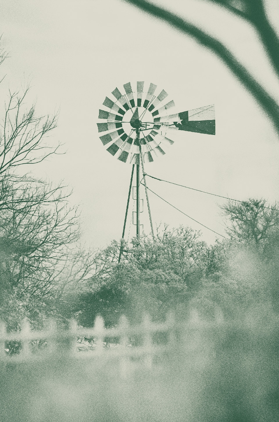 A metal windmill stands above trees and foliage with bare branches in the foreground, photographed in a monochromatic, green-tinted style—evoking the tranquil landscapes near new homes for sale in Medina Valley.