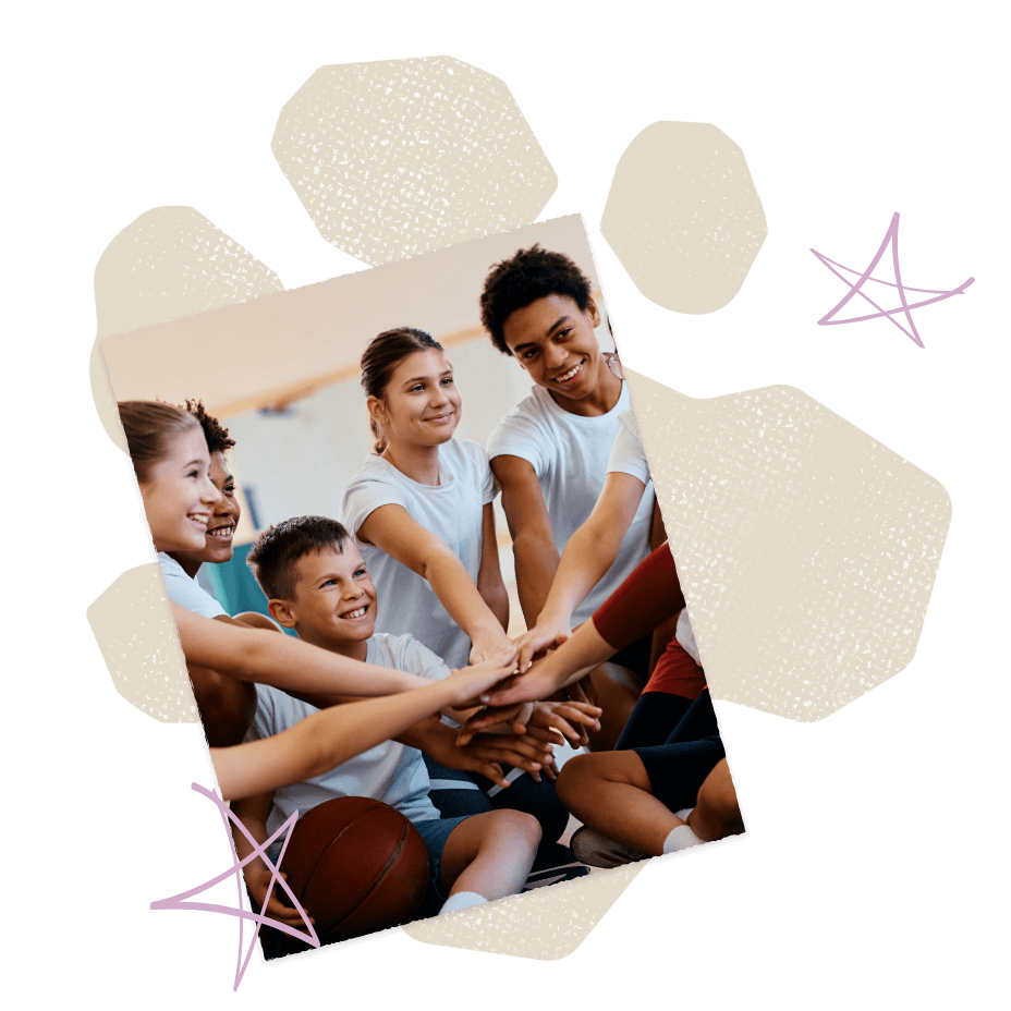 A group of children in sportswear gather in a huddle, stacking their hands together with a basketball in front of them. Abstract shapes and stars fill the background, evoking the vibrant spirit of San Antonio.