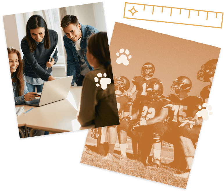 Two images: one shows three people gathered around a laptop in a casual office setting; the other features football players relaxing on the field, capturing the vibrant spirit of Medina Valley within this master-planned community.