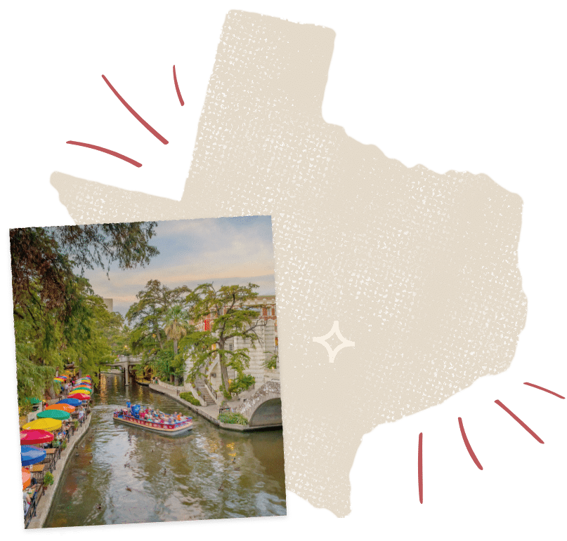 Photo of a boat on the San Antonio River Walk, lined with colorful umbrellas, overlaid on an outline of Texas—capturing the vibrant spirit near new homes in Medina Valley.