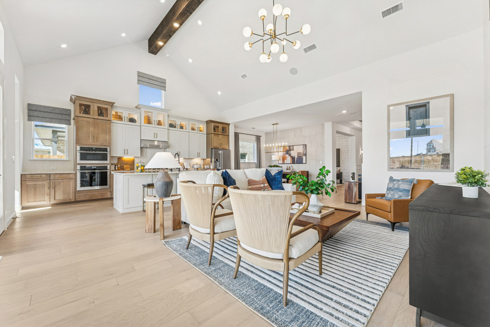 Bright, open-concept living room and kitchen with modern furnishings and wood flooring.