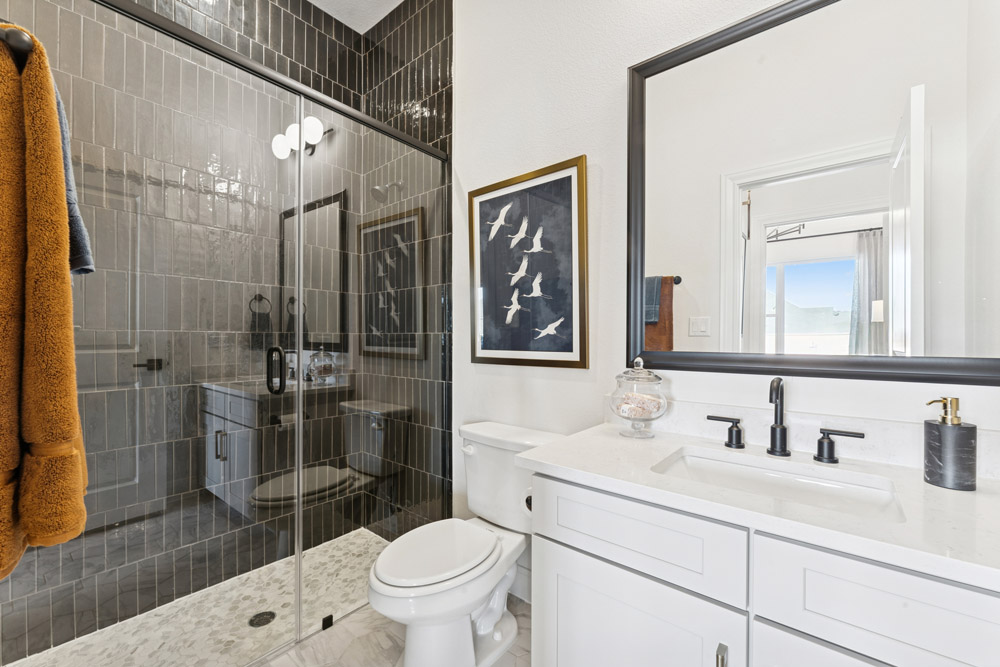 Modern bathroom with glass shower, white vanity, black fixtures, and bird artwork on the wall.