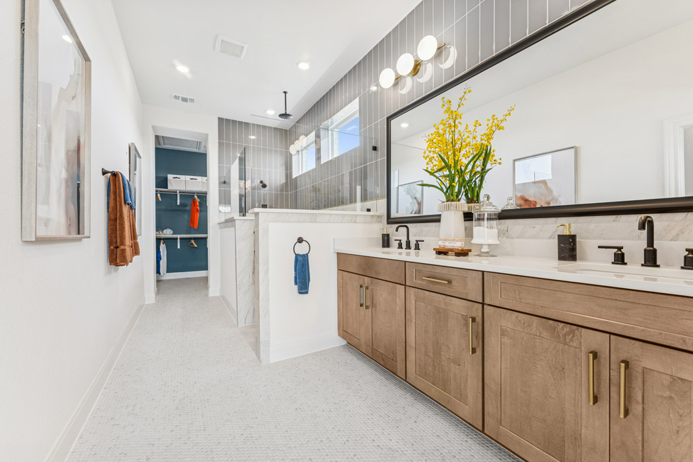 Modern bathroom with double sink vanity, large mirror, and walk-in closet in the background.