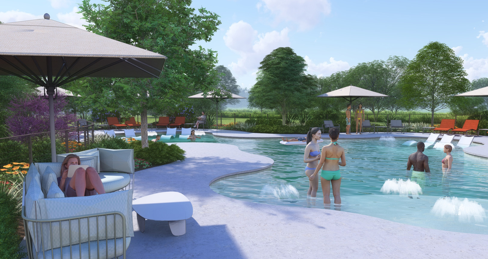 People relax by and in an outdoor pool surrounded by lounge chairs, umbrellas, and trees.