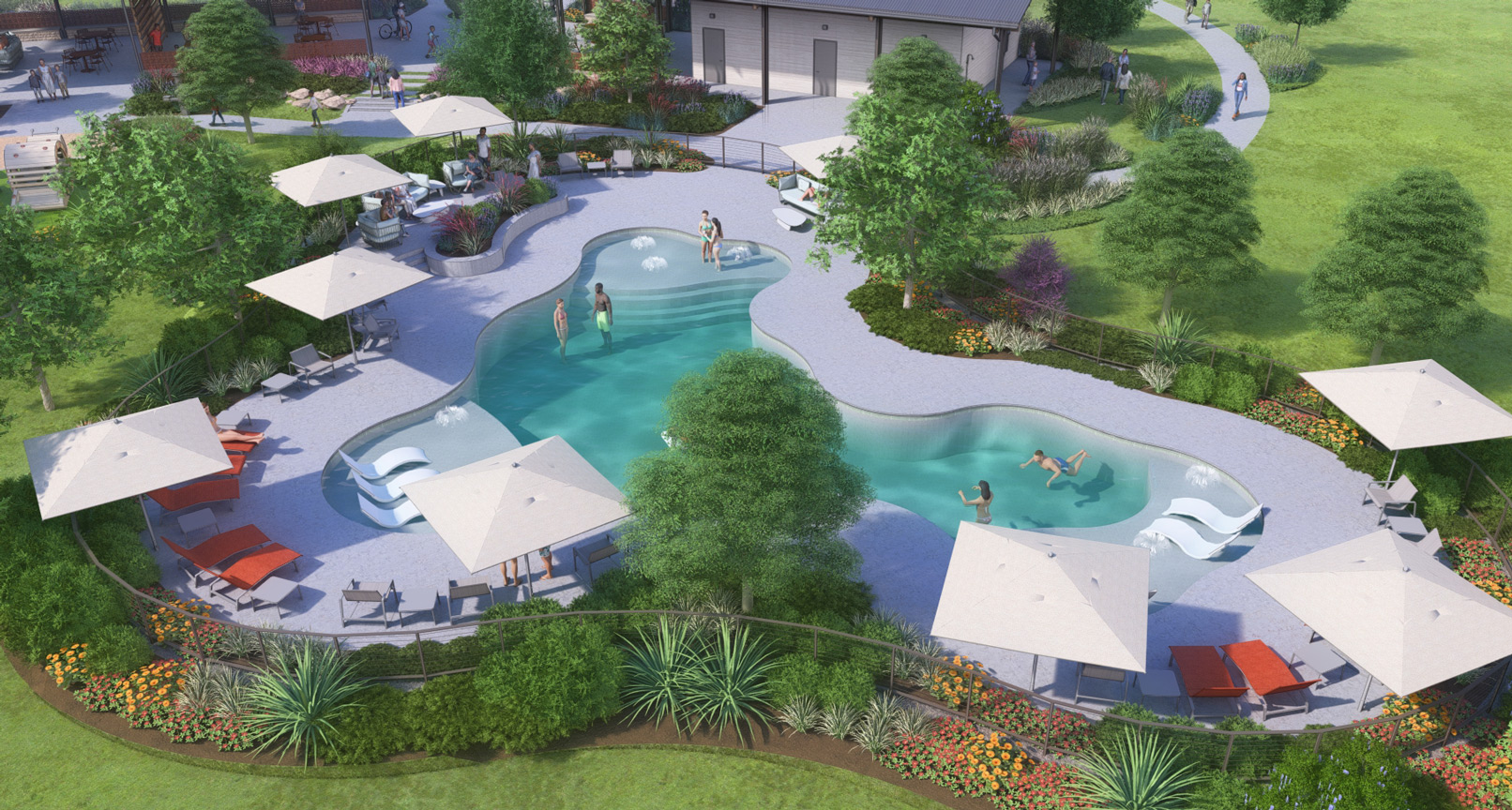 A landscaped outdoor pool area with people swimming, lounge chairs, umbrellas, and greenery.