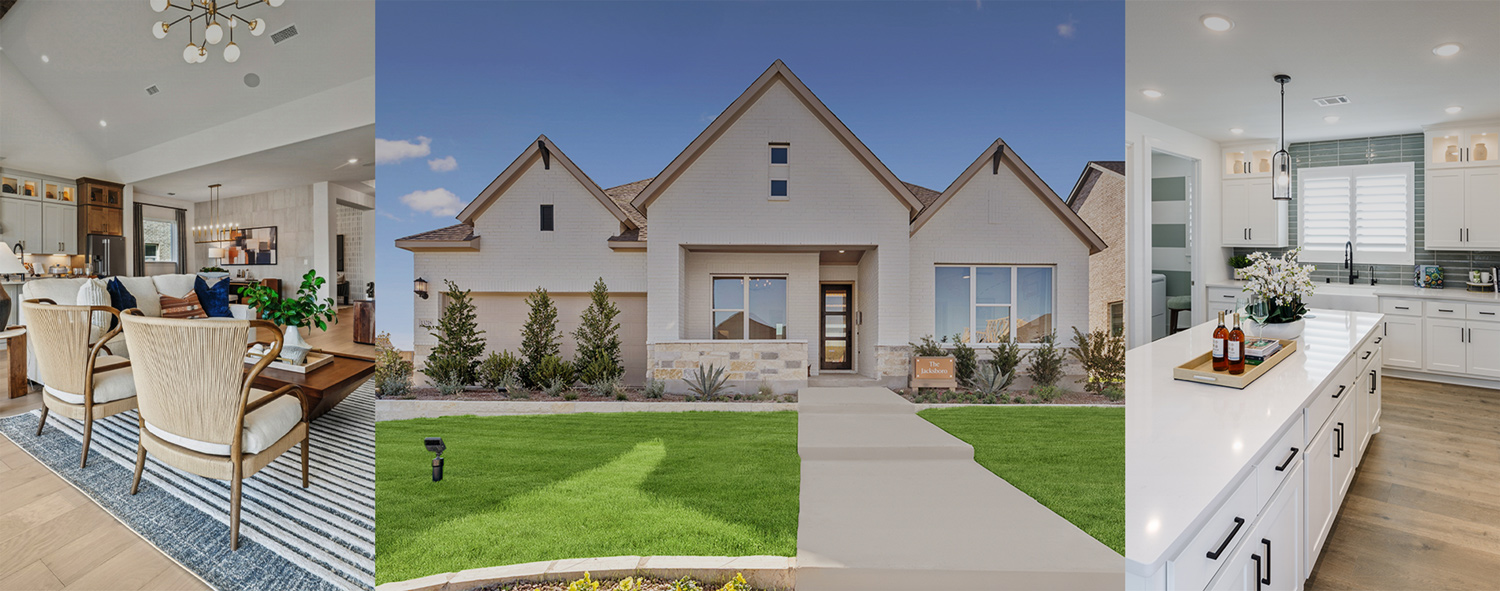 Collage showing a modern living room, the exterior of a house, and a white kitchen interior.