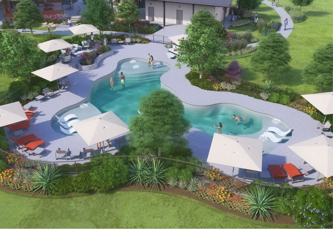 Aerial view of a landscaped outdoor pool area with people swimming and lounging under umbrellas.