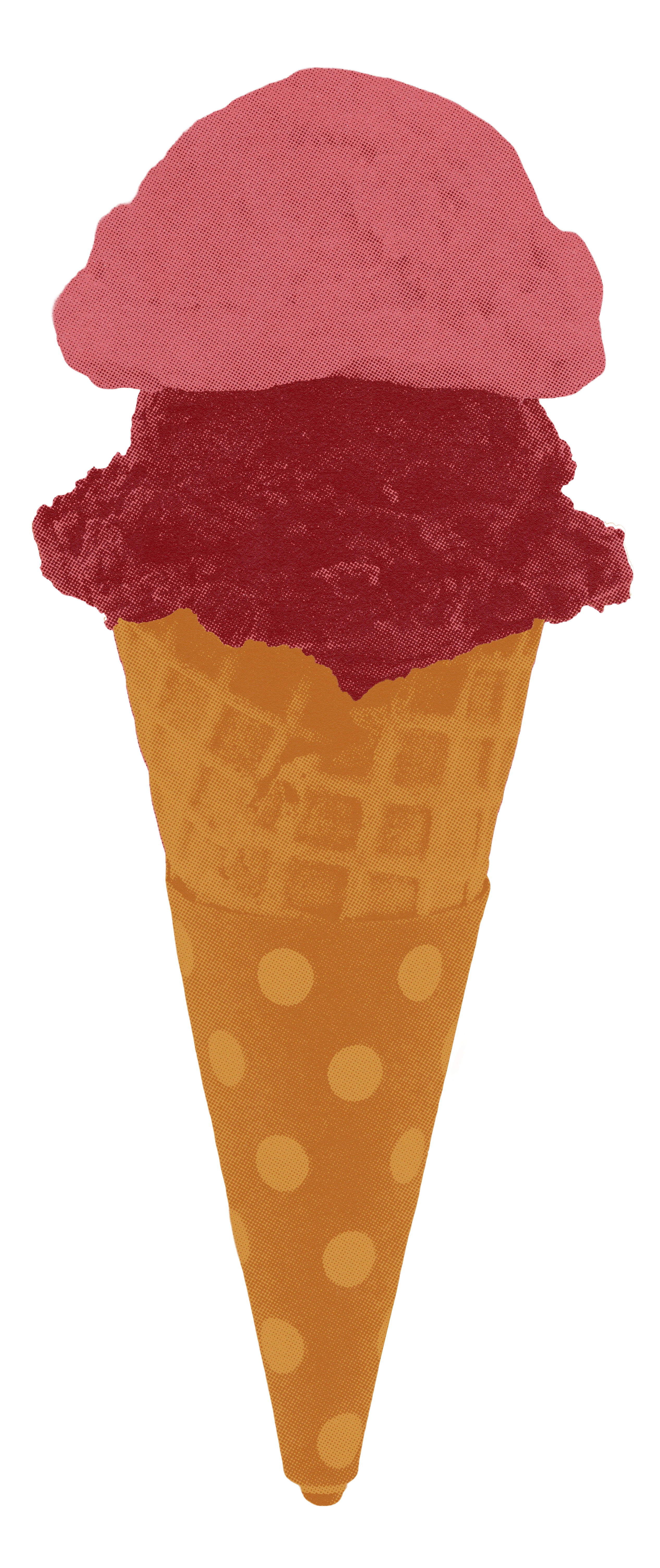 Illustration of an ice cream cone with two scoops, one pink and one red, on a polka dot cone.