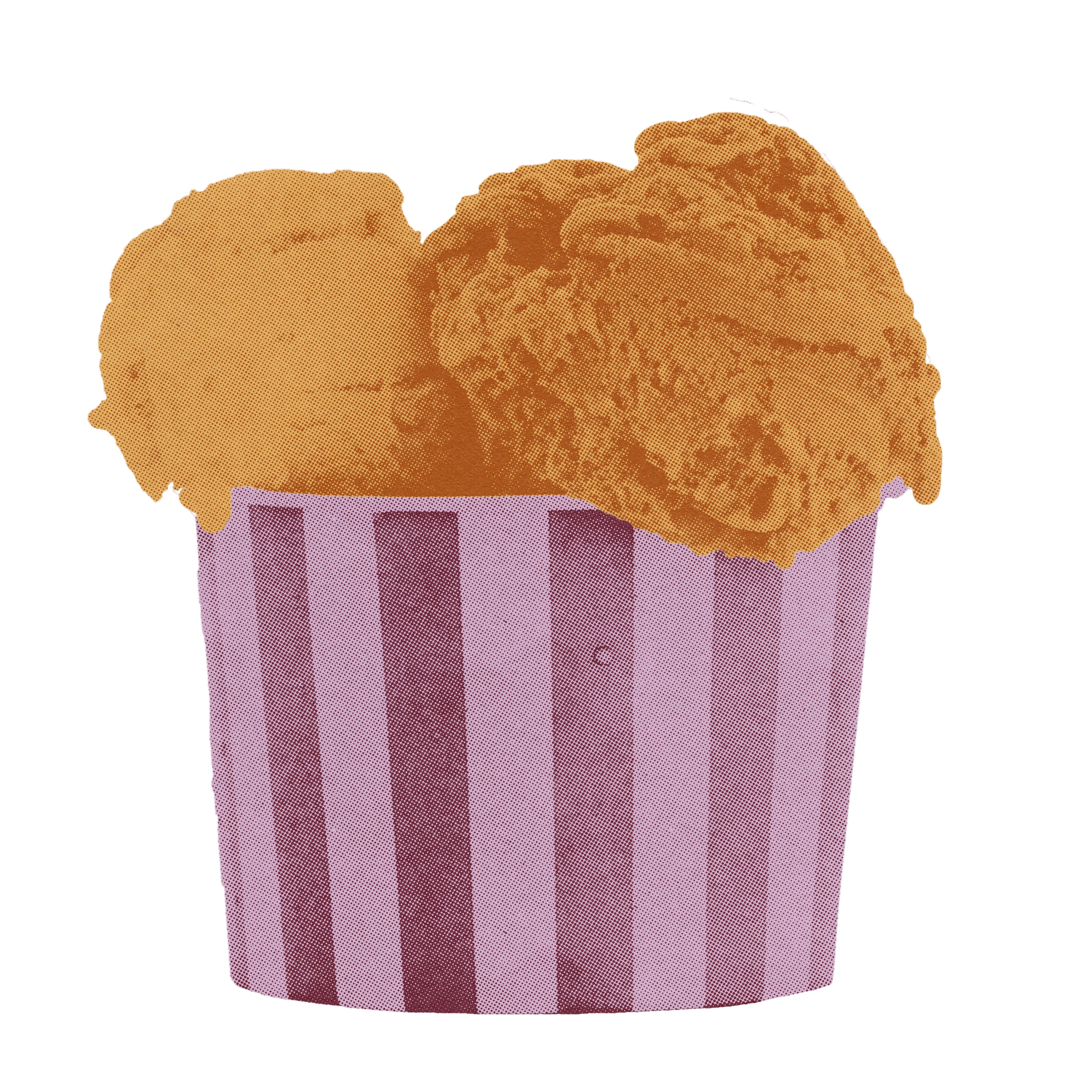 Two scoops of orange ice cream in a pink and white striped paper cup.