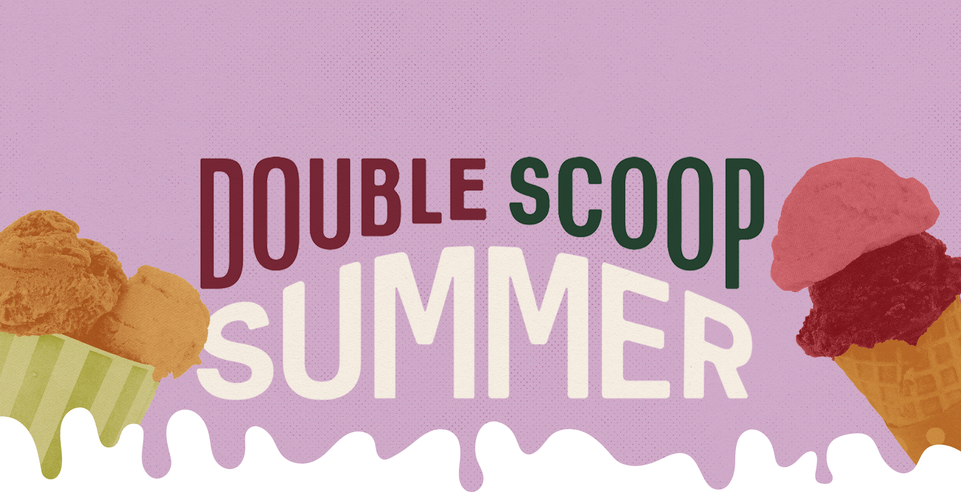 Illustration of two ice cream cones with the text “Double Scoop Summer” on a purple background.