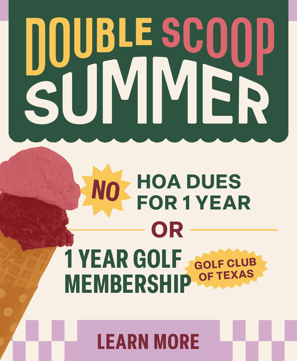 Ice cream cone and text offering no HOA dues or golf membership at Golf Club of Texas for one year.
