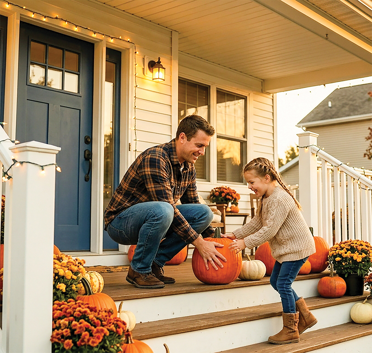Father and daughter playing with pumpkins on front porch step